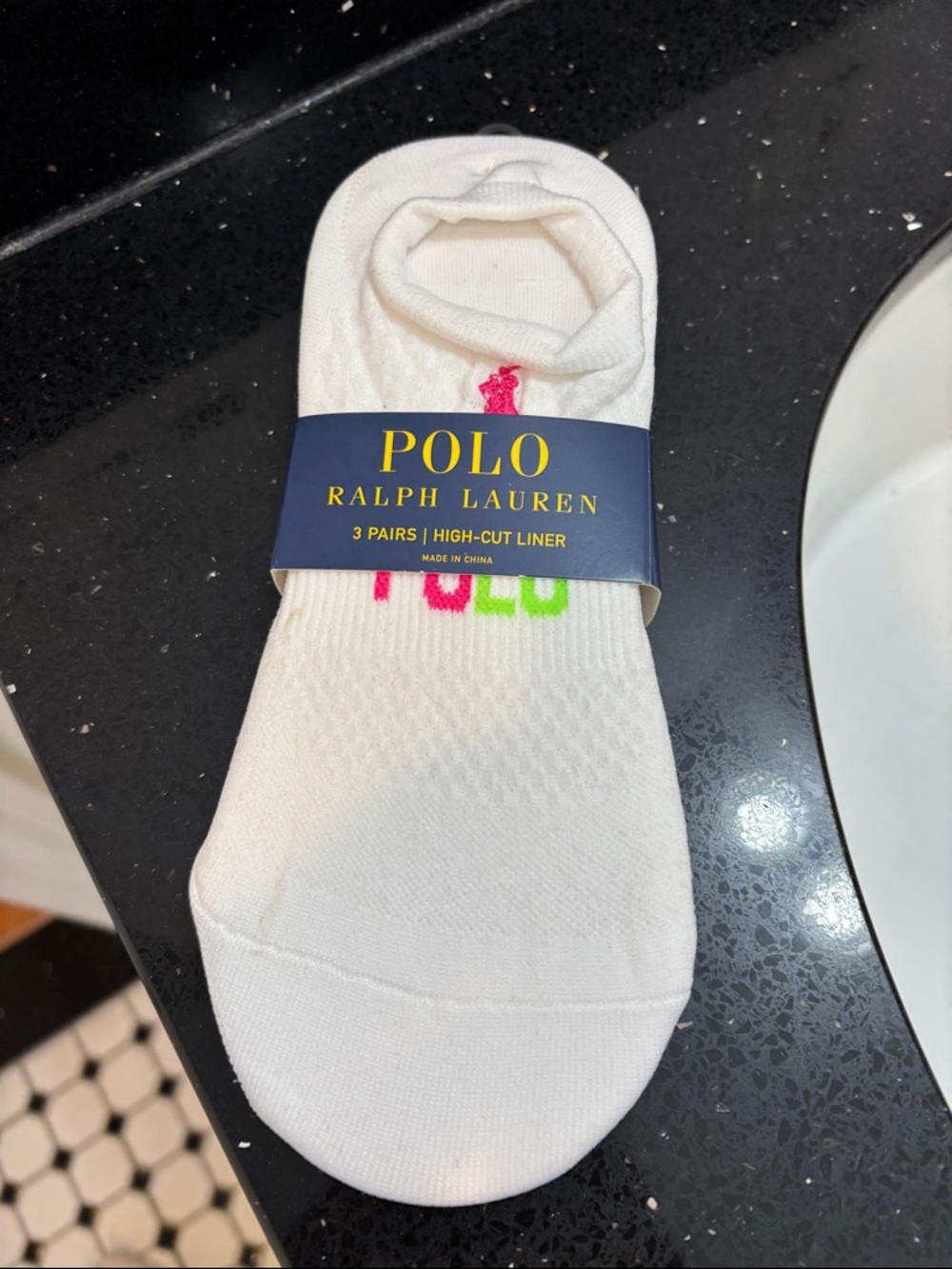 NWT 3 pairs Polo by Ralph Lauren White Low-Cut Liner Socks with Neon Logo